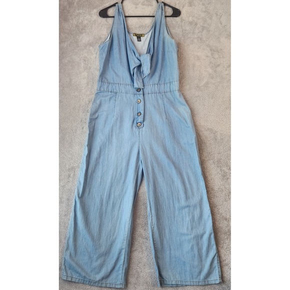 Taxi Pants - Taxi Jumpsuit Womens Large Light Blue Chambray Tie Front Wide Leg Sleeveless